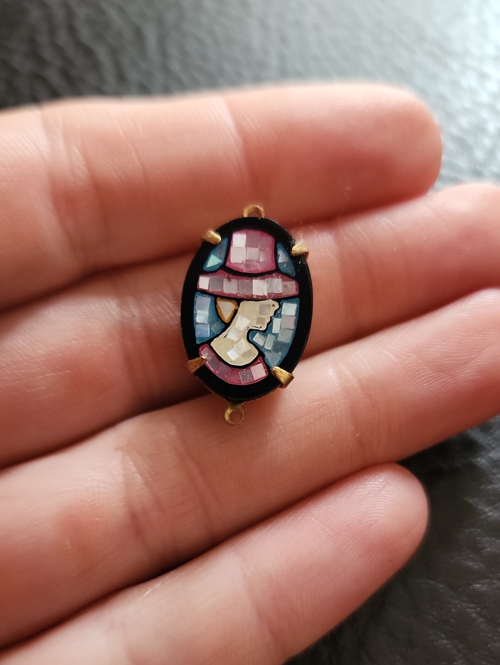 Vintage Pink and Blue Mosaic Style Cameo Pendant - Women Jewelry
